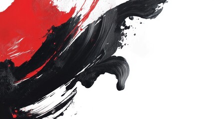 Abstract artwork featuring bold black and red brush strokes on a white background.