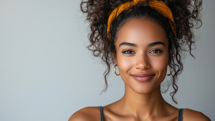 Fototapeta premium Mixed Race Woman Artist - smile, portrait, woman, happy, curly hair, headband, hoop earrings, confident, natural beauty, fashion, casual, cheerful, positive