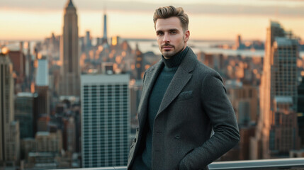 Confident Man in Coat on Rooftop with City Skyline View