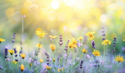 Beautiful spring background with yellow and purple flowers