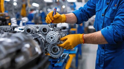 An engineer uses tools to assemble a complex mechanical part in a modern factory setting.