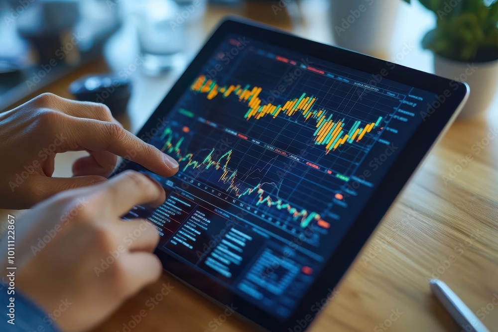 Poster close-up of a person analyzing stock market data on a tablet with colorful graphs and charts, repres