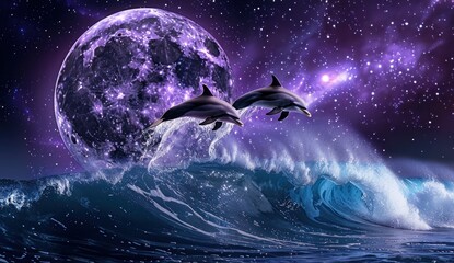 A dolphin jumps out of the sea under the full moon and starry night sky