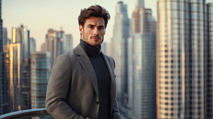 Handsome Man in Suit Looking at the Camera with City Skyline in 