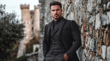 Elegant Man in Suit Standing Against Stone Wall
