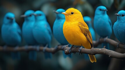 Obraz premium a vibrant yellow bird stands out in crowd of identical blue birds symbolizing individuality uniqueness ,the courage to be different in conformist society
