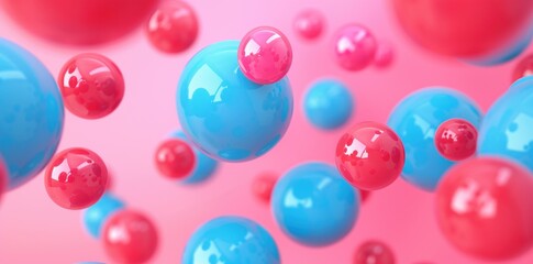 3D rendering of colorful balls floating on a pink background