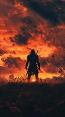 Fototapeta premium Silhouetted Warrior Standing Against Dramatic Sunset Sky with Sword and Clouds in Majestic Landscape