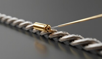 Close-up of sharp gold colored awl with wooden handle isolated on grey background