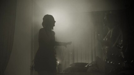 Old film 1920 style black white color. Dark silhouette two women dancing at night club evening ball dark room full smoke. Happy Girls have fun at Stylized party roaring twenties. Retro lady sexy girl
