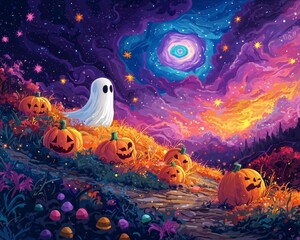 Obraz premium Colorful Ghost in a Candy Filled Pumpkin Patch