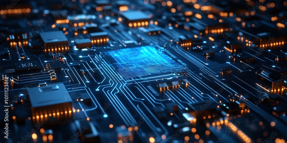 Poster quantum computer technologies concept with futuristic blue circuit board design, focusing on quantum