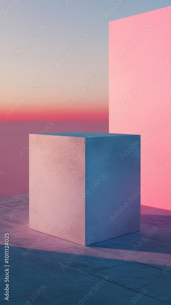 Sticker Empty concrete cube displaying product on sunset background