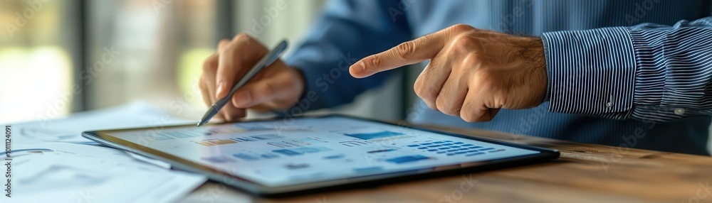 Poster close-up of a person using a tablet for work, showcasing creativity and productivity with digital to