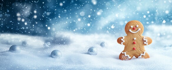 Christmas Snowy winter celebration festive background with smiling gingerbread man cookie standing isolated on bokeh lights background with copy space for text