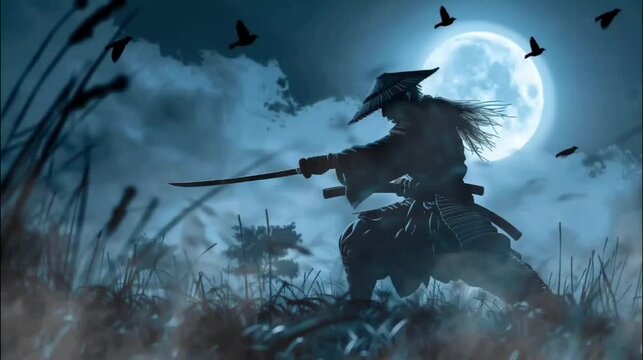 Samurai Warrior Under Full Moon with Sword Drawn. Seamless loop video background