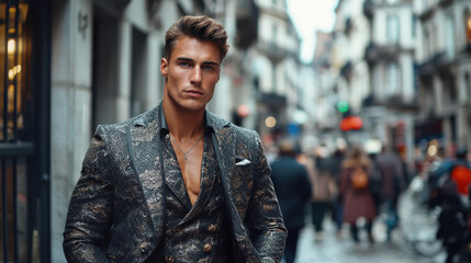 Fototapeta premium Man In Stylish Suit Walking In City Street