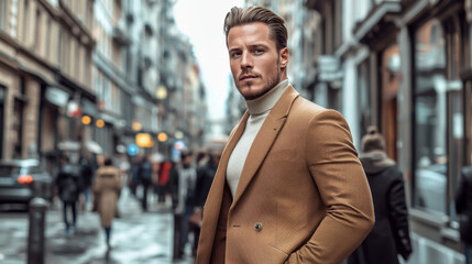 Fototapeta premium Handsome Man in a Brown Jacket Walking on a City Street