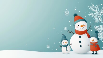 Fototapeta premium Children building a snowman, winter wonderland, copy space, flat design illustration