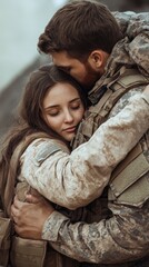 Emotional Reunion of Military Couple Embracing in Camouflage Uniforms Outdoors