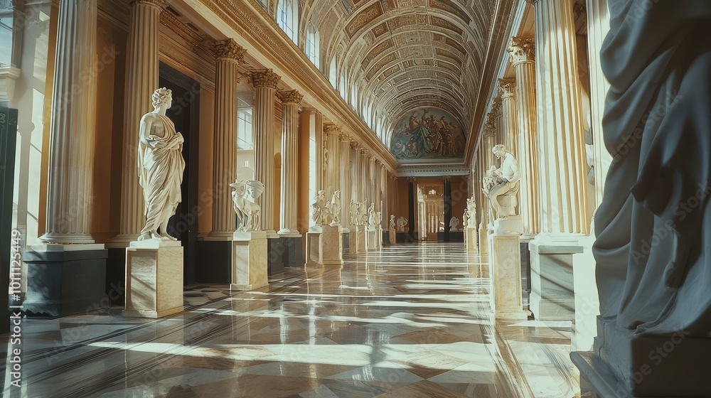 Poster a beautiful corridor featuring classical statues and elegant architecture, creating a serene atmosph