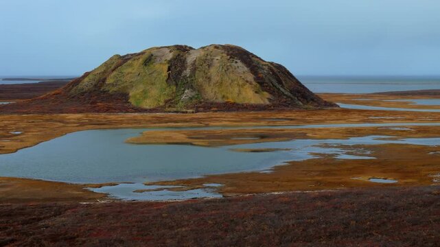 Idyllic Scenery Of Pingo Formation In Tuktoyaktuk, Northwest Territories, Canada - Drone Shot