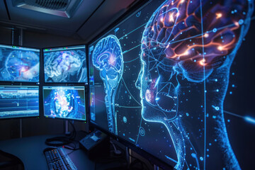 Fototapeta premium A scientific dream analysis where brainwaves and dream images are projected from a computer screen.