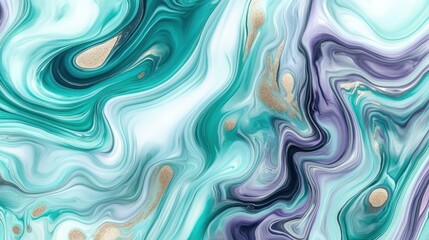 Abstract fluid art with swirling teal, purple, and gold patterns.