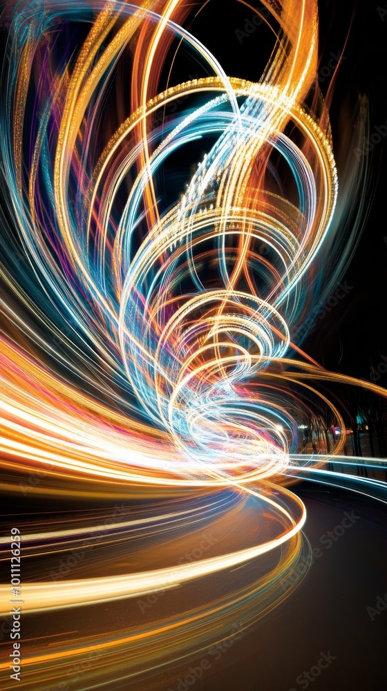 Poster abstract swirling light trails creating vortex effect on dark background