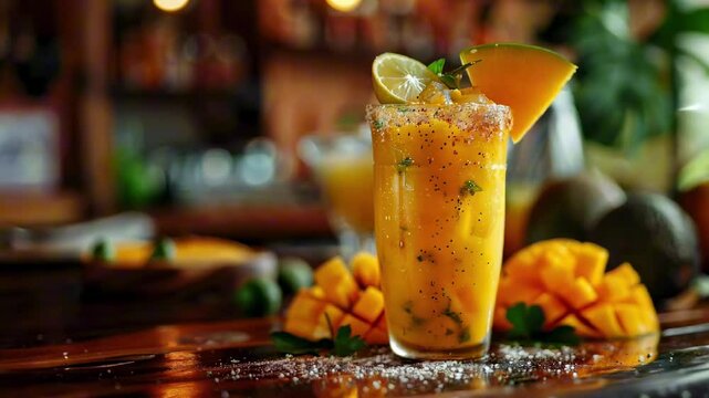 Mangonada Mexican Cocktail. Mango Smoothie Margarita with Chamoy, Lime and Chili. Latin American Cuisine, Cinco de Mayo