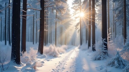 Naklejka premium Panoramic view of a winter forest in sunlight