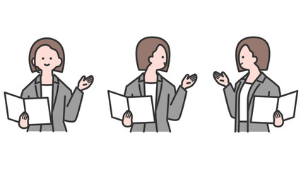 書類を持ち、プレゼンテーションする女性・バリエーション