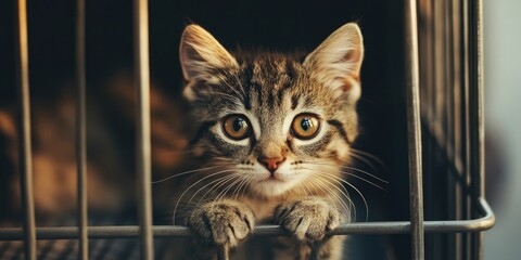 Kitten in Cage Looking Up