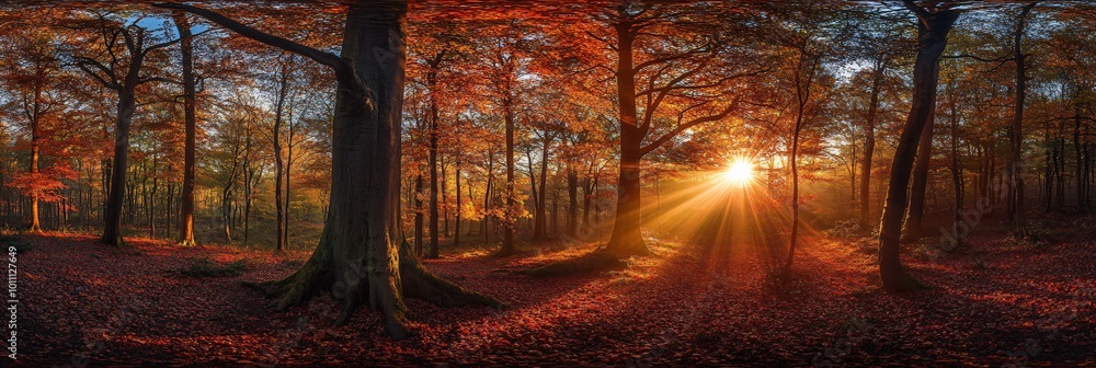 Poster sun rays shining through the trees in an autumnal forest.