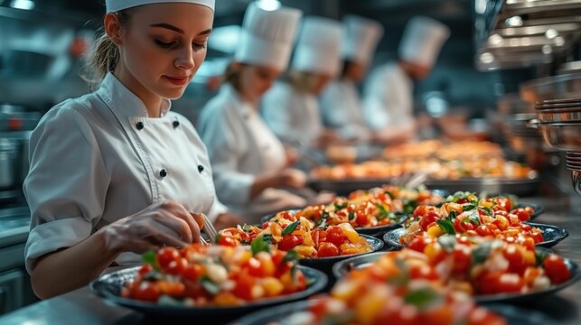 chefs in training preparing dishes in professional kitchen focusing on culinary skills ,teamwork