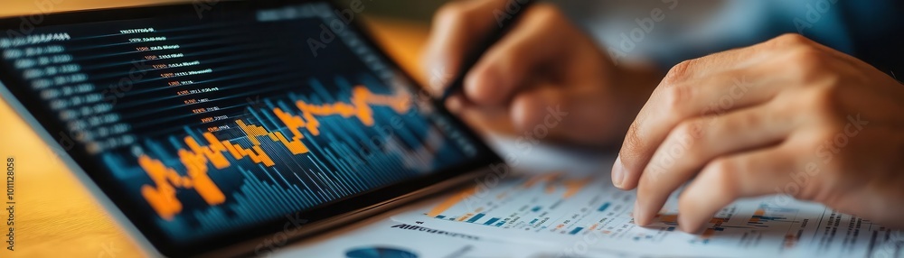 Aufkleber close-up of hands analyzing data on a tablet, featuring charts and graphs to represent financial tre