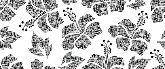 Aloha hibiscus flower Hawaiian tropical seamless pattern with dotted flat style. © andin