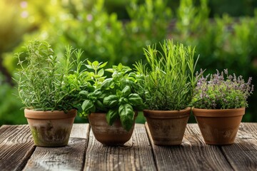 Fototapeta premium Aromatic Plants Set on Table. Herb Garden Pot Horticulture Gardening Concept