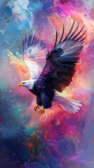 Fototapeta premium Majestic bald eagle flying in colorful abstract galaxy painting
