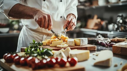 A chef prepares a delicious cheese platter with fresh ingredients, showcasing culinary skills and creativity in a vibrant kitchen setting.