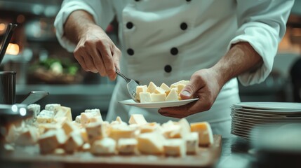 A chef skillfully plating cheese cubes on a white dish, showcasing culinary expertise in a professional kitchen environment.