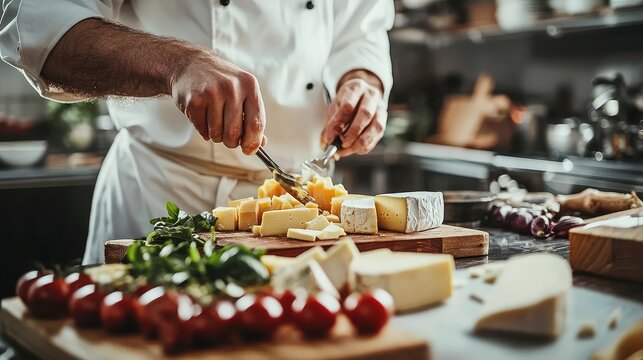 A chef prepares a delicious cheese platter with fresh ingredients, showcasing culinary skills and creativity in a vibrant kitchen setting.