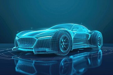 Automotive Blue. Futuristic Three-Dimensional Wireframe Car Concept Illustration