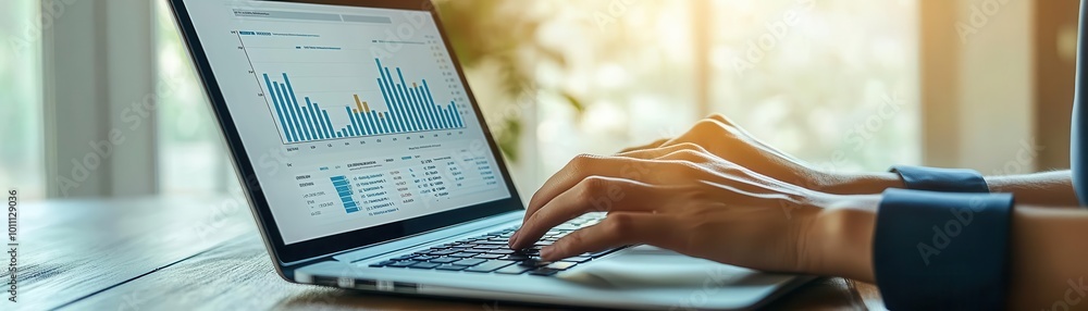 Poster close-up of hands typing on a laptop, analyzing data with charts and graphs on the screen, perfect f