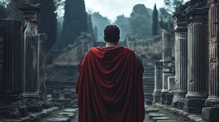 Ancient Roman Soldier in Red Cloak Walking Through Ruins of a Historic Stone City with Pillars and Trees in the Background
