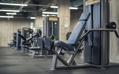 Fototapeta premium Modern gym with rows of exercise machines with a focus on a leg press machine in the foreground.