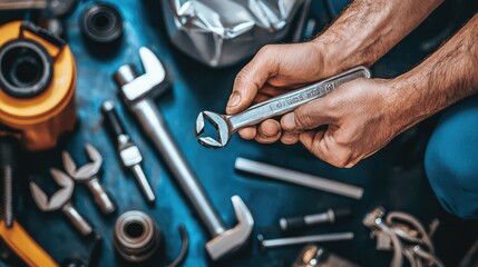 A close-up of hands holding a wrench among various tools, showcasing craftsmanship and the art of repair in a workshop setting.