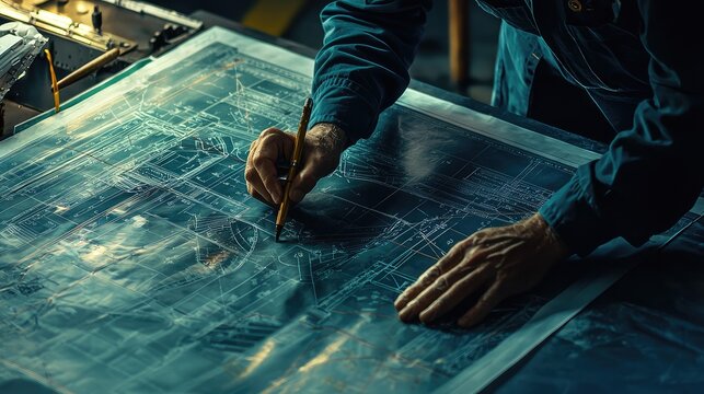 A close-up of hands drafting on a blueprint, showcasing the intricate details of architectural design and creativity.
