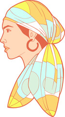 Portrait de femme de profil avec un foulard sur la tête et des boucles d'oreille créoles © Peggy Caramel