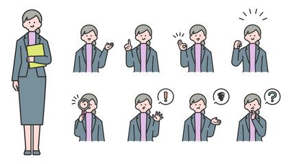 スーツ姿のベテラン女性　上半身・表情バリエーション